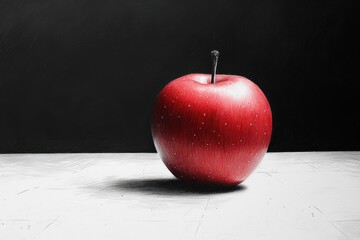 Single red apple on a white surface against a dark background.  Subtle lighting and shadow create a dramatic effect