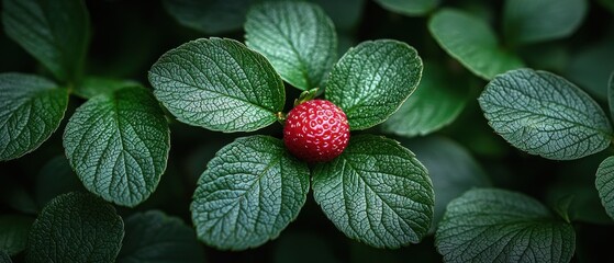 Single red berry nestled amongst lush, dark green leaves.  Close-up view