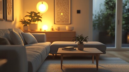 A stylish modern living room with sleek gray furnishings, a low-profile sofa, and a minimalist coffee table, complemented by warm lighting and soft textiles for an inviting, cozy atmosphere 