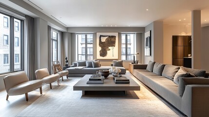 A stylish modern living room with sleek gray furnishings, a low-profile sofa, and a minimalist coffee table, complemented by warm lighting and soft textiles for an inviting, cozy atmosphere 