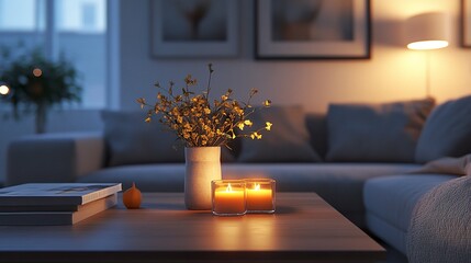 A stylish modern living room with sleek gray furnishings, a low-profile sofa, and a minimalist coffee table, complemented by warm lighting and soft textiles for an inviting, cozy atmosphere 