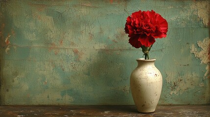 Single red carnation in a small, off-white vase, set against a rustic, teal backdrop