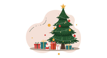 Christmas tree with star and presents festive holiday decoration with gifts and ornaments vector illustration 