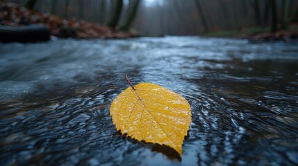 Single yellow leaf floats on a swiftly flowing stream in a forest.  Autumnal scene