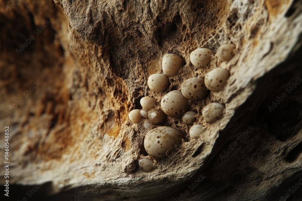 Poster cluster of small, speckled shells embedded in a rough, textured, brown rock surface.