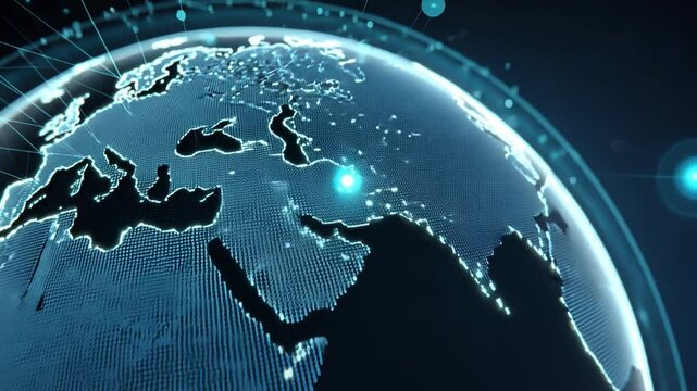 Global Interconnectivity:  A mesmerizing 3D representation of Earth, illuminated by glowing blue lines and dots, highlighting the interconnectedness and global reach of our digital world.