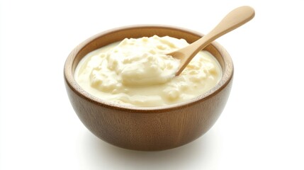 Creamy dairy product in a wooden bowl with a spoon.