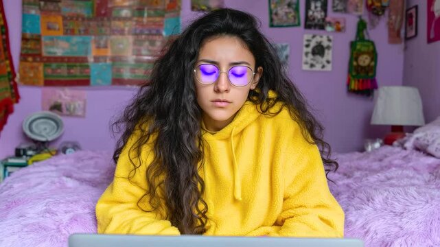 Teenage student attending online class from cozy bedroom with purple walls and bed, focused and engaged in learning environment