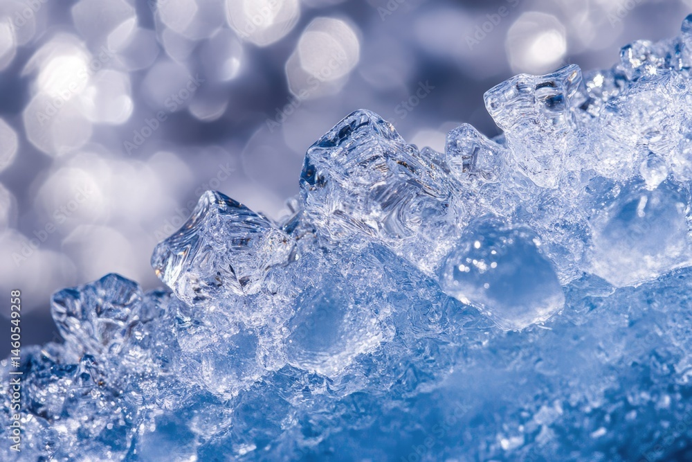 Poster close-up of ice crystals forming intricate, translucent patterns against a bokeh background.