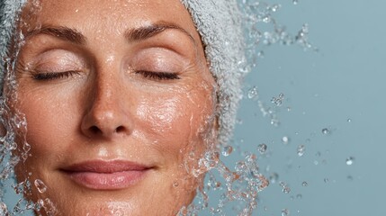Naklejka premium healthy moisturized face skin. skincare and hydration concept. smiling woman with eyes closed and water splash around the face on light blue background