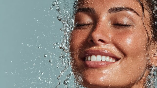 healthy moisturized face skin. skincare and hydration concept. smiling woman with eyes closed and water splash around the face on light blue background