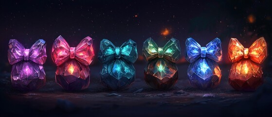 Six glowing crystal bows, diverse colors, dark background