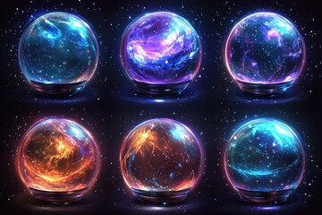 Six glowing orbs, each containing swirling nebula-like formations of vibrant colors, rest on dark bases against a starry backdrop