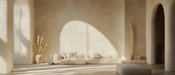A Serene, Minimalist Living Room Bathed In Warm Sunlight, Featuring A Beige Modular Sofa, Pampas Grass, And Subtle Textures. The Overall Vibe Is Calm And Peaceful.