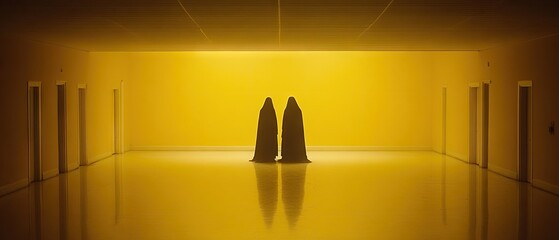 In a bright yellow hall, two figures stand casting reflections on the polished floor