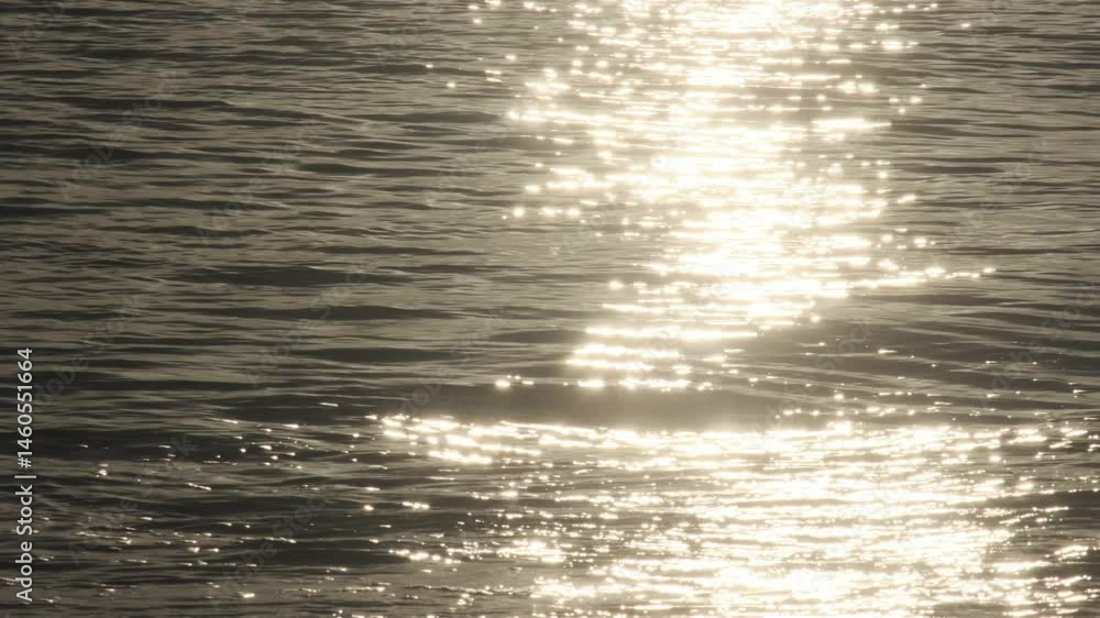 Poster golden sunlight gently reflecting across calm ocean surface, creating mesmerizing light patterns and