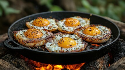 Six sunny-side up eggs sizzling in a cast iron skillet over an open fire