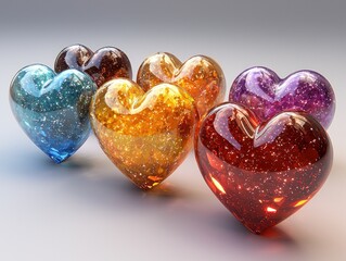 Six vibrant glass hearts, each filled with shimmering particles, sit on a neutral background.  Their colors vary, creating a visually appealing display