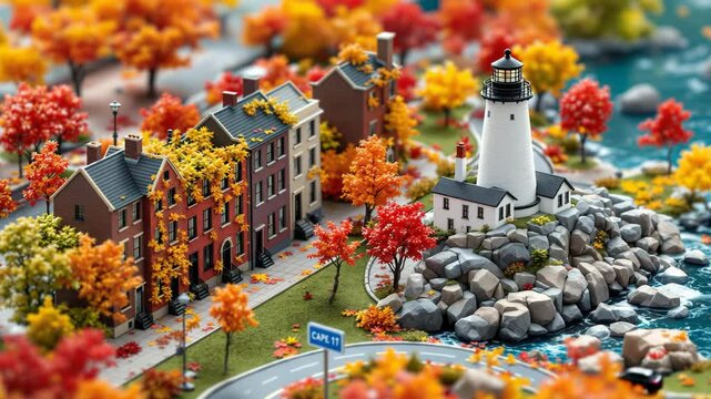 Autumnal diorama featuring miniature houses, a lighthouse on rocks, and vibrant fall foliage. Detailed model with realistic textures and colors.