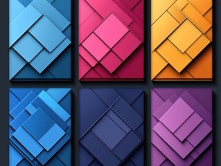 Six vibrant, layered square designs in diverse colors, creating a geometric pattern