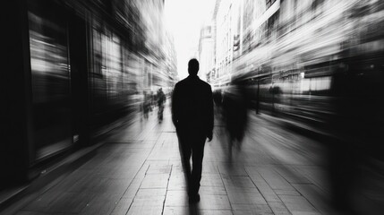 Obraz premium Monochromatic cityscape wanderer lost in contemplation along urban pathways