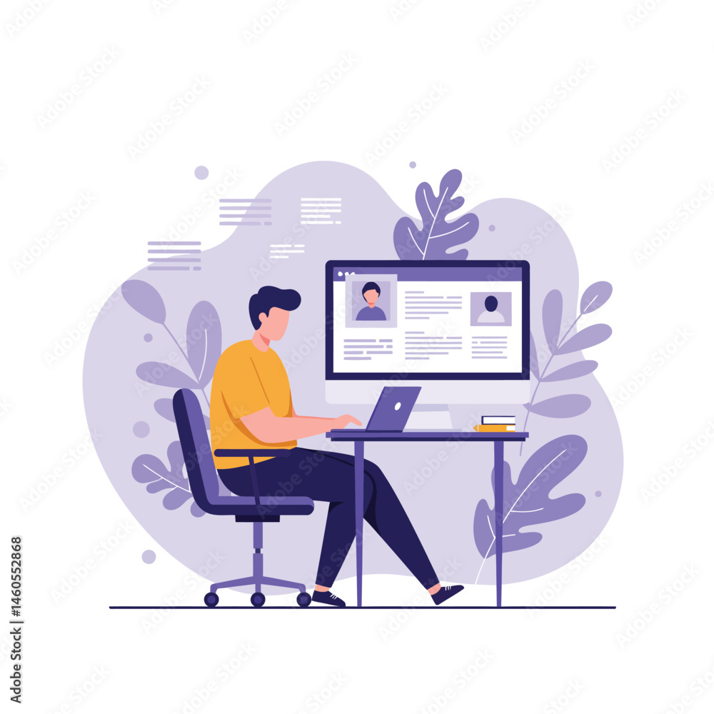 Poster man working on laptop with online profile on screen in modern workspace with plants and minimal desi