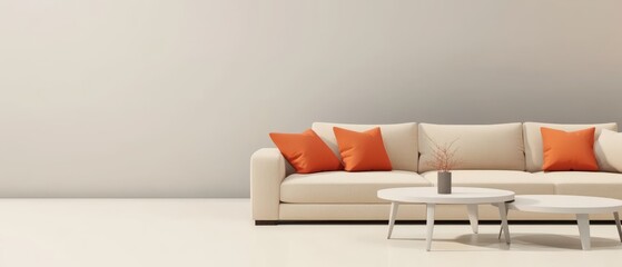 A Minimalist Living Room With A Beige Couch, Orange Pillows, And Two White Coffee Tables.  The Room Is Bright And Airy, Creating A Calm And Peaceful Atmosphere.