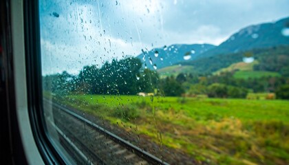 Fototapeta premium Train window covered in raindrops