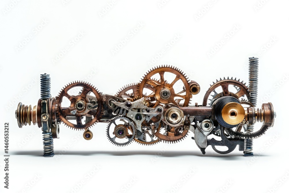 Poster intricate clockwork mechanism with gears and cogs, showcasing mechanical artistry.
