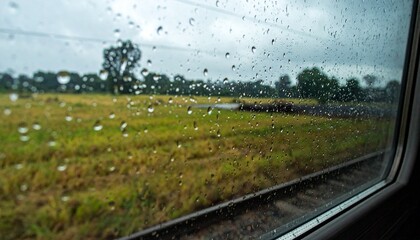 Obraz premium Train window covered in raindrops