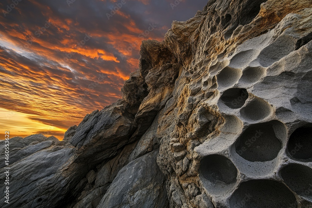 Poster dramatic sunset illuminates textured rock formations with unique honeycomb patterns, creating a stun