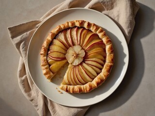 A rustic pear tart with thin pear slices