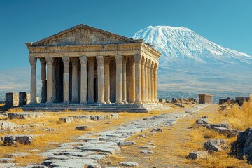 Obraz premium Ancient temple, dramatic mountain backdrop, sunny day.