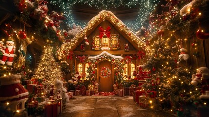 A whimsical holiday scene with a gingerbread house at the center, surrounded by festive decor and a brightly lit Christmas tree, creating a warm and magical ambiance 
