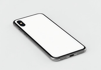 A tilted view of a modern smartphone with a blank white screen on a plain light gray background surface