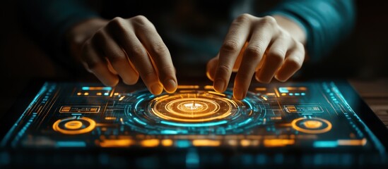Obraz premium Hands interacting with futuristic touchscreen