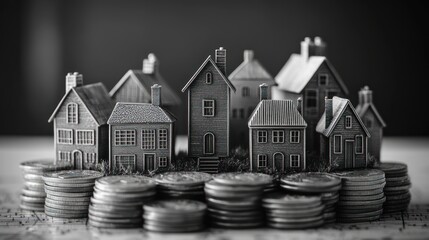 Miniature houses on a stack of coins