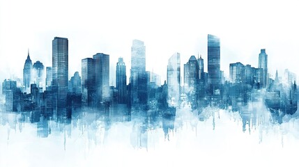 Abstract urban cityscape with overlapping skyscraper silhouettes in cool blue tones, clean white background. 
