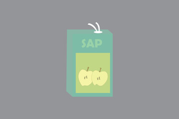 Minimalist flat design vector graphic of a light green 'sap' apple juice carton, beverage packaging with two stylized apples icon