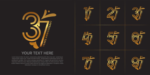 Anniversary logo type set with double line number. golden color with leaf ornament can be use special moment