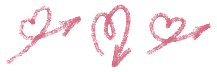 Grunge chalk textured bold love arrows set. Pointer paint brush symbol. Pencil charcoal freehand direction. Scribble curve heart sketch arrow. Doodle kids style hand drawn isolated vector illustration