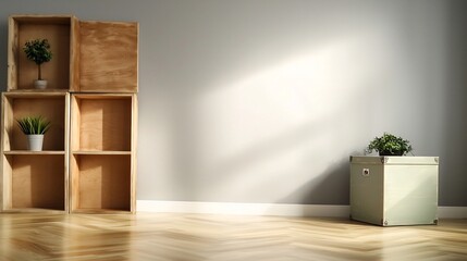 Modern empty room with wooden shelves and sunlight