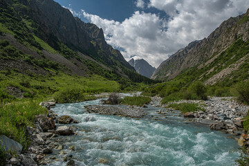 Wide angle landscape lush green valley, forest, wild white water river surrounded by high rocky mountains and glacier peaks in the background. Summer sunny day, blue sky. Kyrgyzstan, Central Asia.