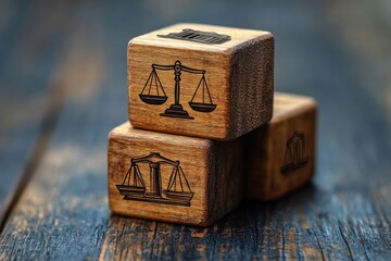 Obraz premium Wooden blocks stacked with justice symbols.