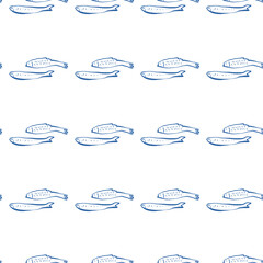 Seamless vector pattern with blue fish forming horizontal stripes on white background in playful hand drawn marine style
