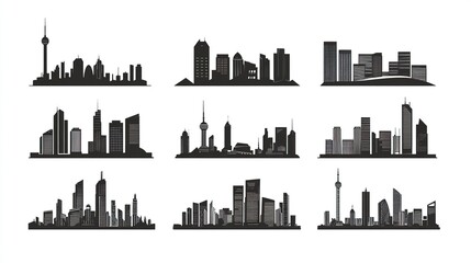 Obraz premium Assorted city skyline silhouettes in a clean flat style, featuring modern urban buildings, white background for contrast. 