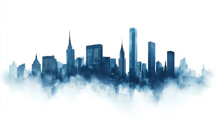 Fototapeta premium Blue cityscape silhouettes of towering skyscrapers in a modern urban skyline, gradient tones, clean white background. 