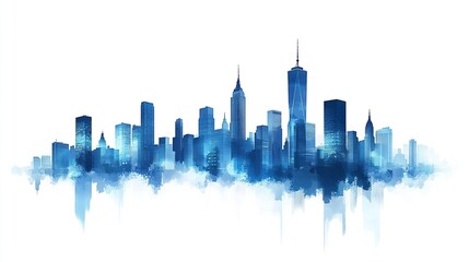 Fototapeta premium Blue-gradient skyscraper silhouettes in an urban skyline composition, modern and sleek design on white. 