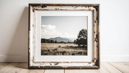 Black and white landscape photograph in a vintage frame
