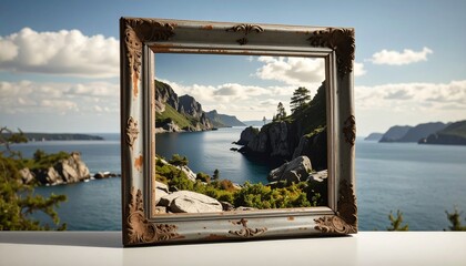 Black and white landscape photograph in a vintage frame